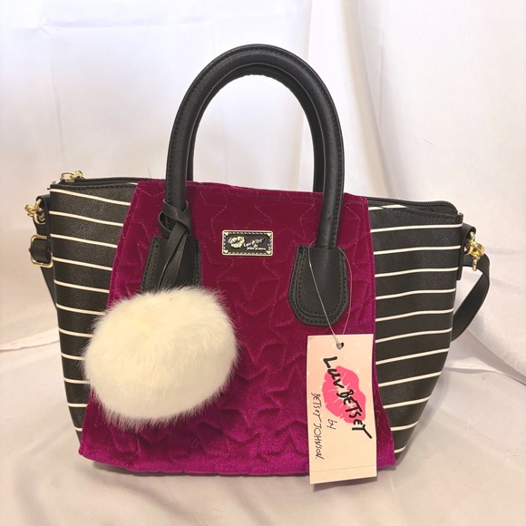 Luv Betsey by Betsey Johnson Handbags - NWT Luv Betsey by Betsey Johnson Striped Star Velvet Purse with white fluff ball